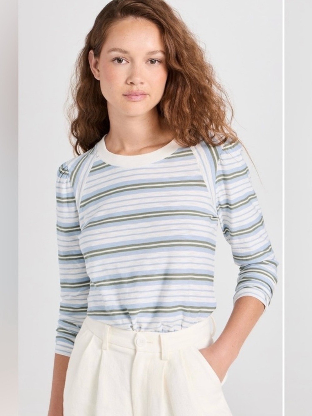 Veronica Beard Striped Mason Pima Cotton Baseball Puff Sleeve Tee XS *